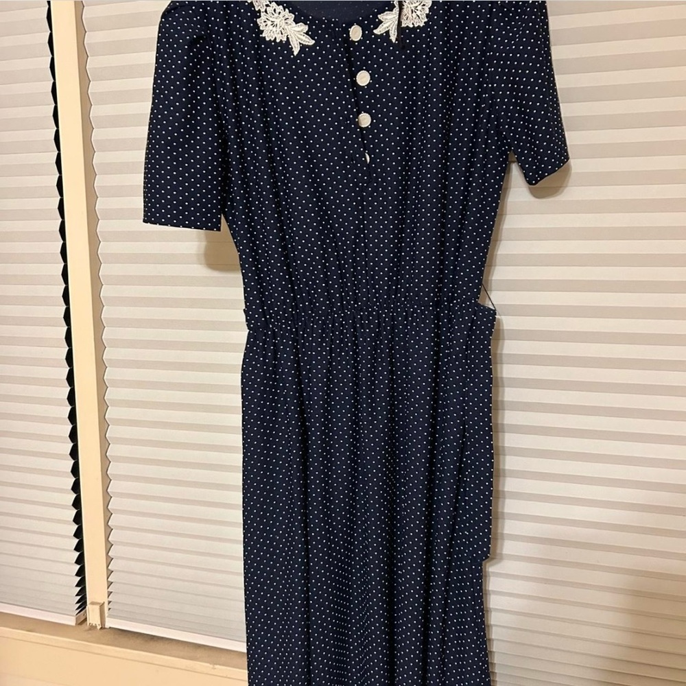 Navy Polka Dot Dress with Lace Detail